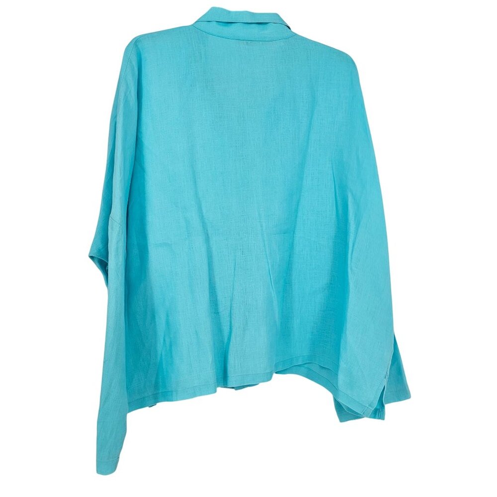 Planet By Lauren G Linen Button Up‎ Shirt OS Turquoise Relaxed Coastal Lagenlook - Picture 3 of 10
